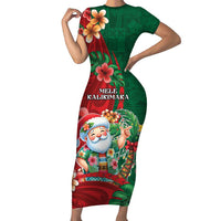 Hawaii Christmas Family Matching Short Sleeve Bodycon Dress and Hawaiian Shirt Mele Kalikimaka Funny Hawaiian Santa DT05 Mom's Dress Green - Polynesian Pride