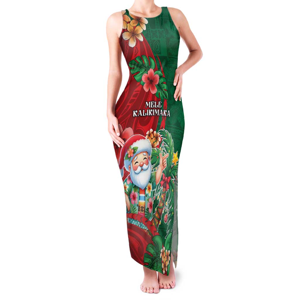 Hawaii Christmas Family Matching Tank Maxi Dress and Hawaiian Shirt Mele Kalikimaka Funny Hawaiian Santa DT05 Mom's Dress Green - Polynesian Pride