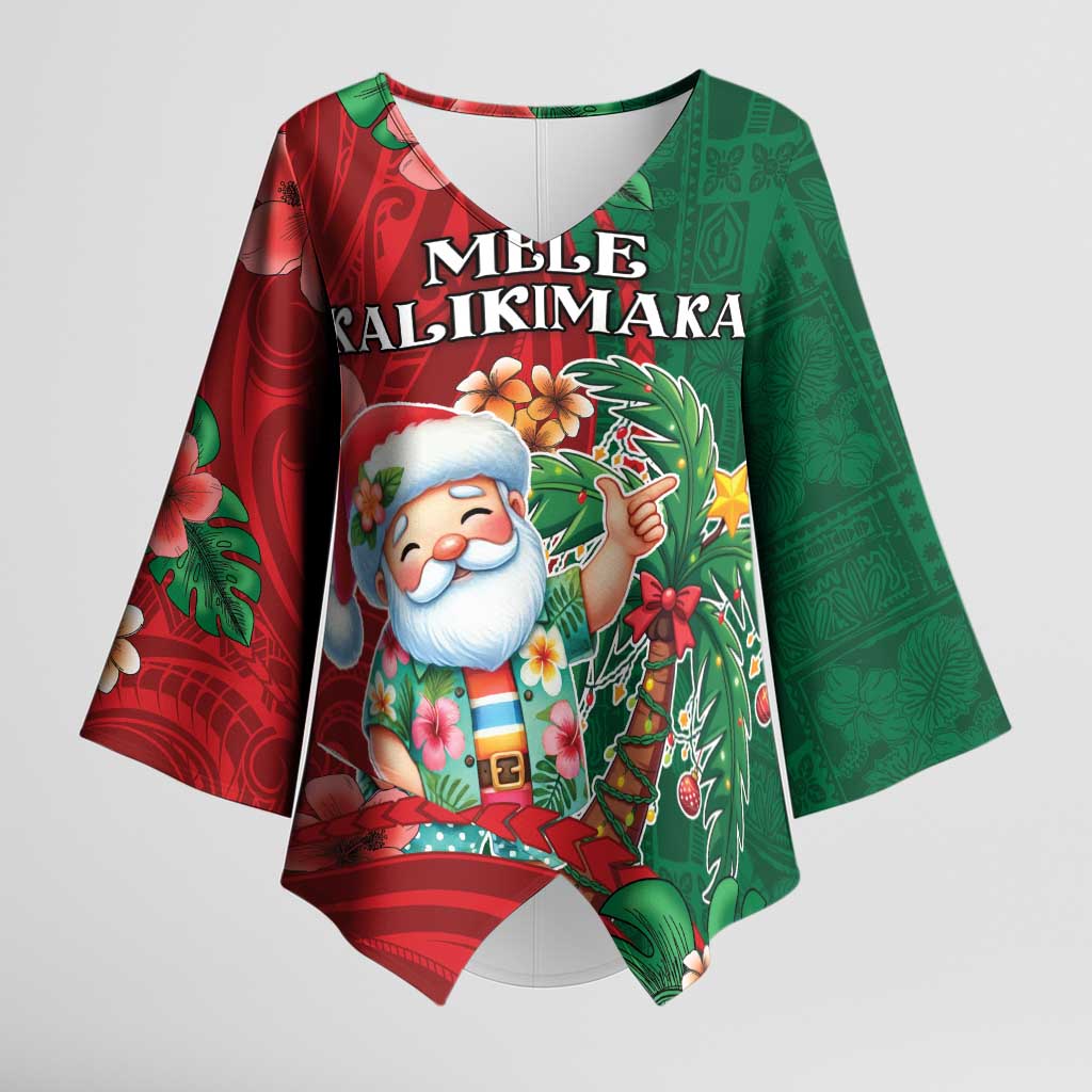 Hawaii Christmas Kimono Sleeve Blouse Mele Kalikimaka Funny Hawaiian Santa DT05 Female Green - Polynesian Pride