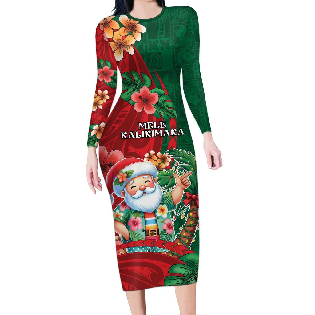 Hawaii Christmas Long Sleeve Bodycon Dress Mele Kalikimaka Funny Hawaiian Santa - Polynesian Pride