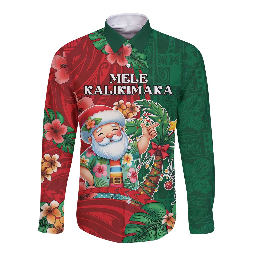 Hawaii Christmas Long Sleeve Button Shirt Mele Kalikimaka Funny Hawaiian Santa DT05 Unisex Green - Polynesian Pride