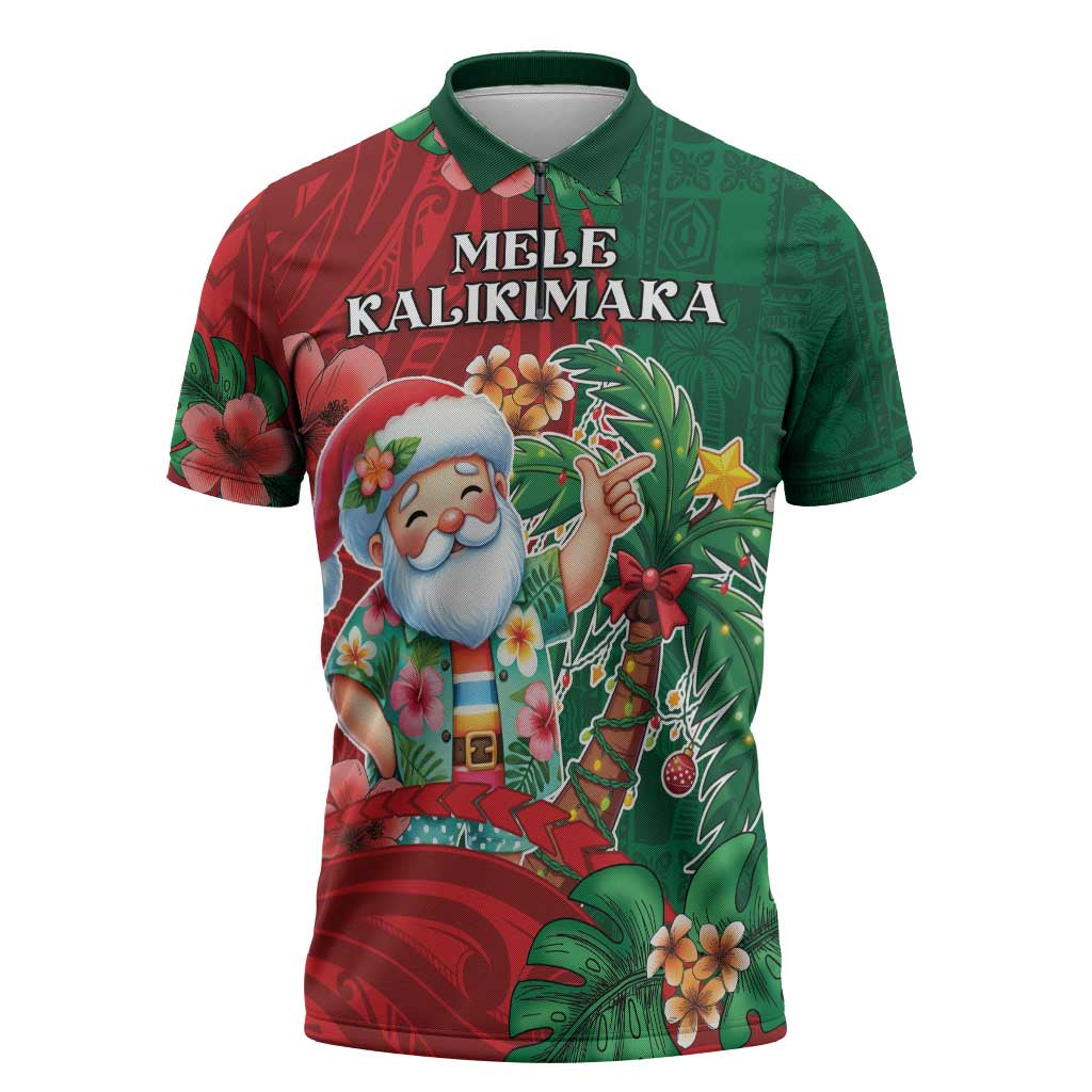 Hawaii Christmas Zipper Polo Shirt Mele Kalikimaka Funny Hawaiian Santa - Polynesian Pride