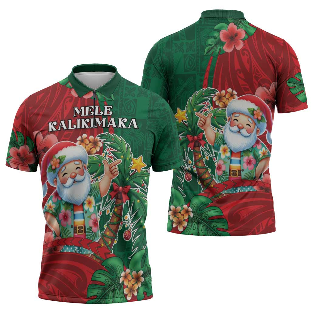 Hawaii Christmas Zipper Polo Shirt Mele Kalikimaka Funny Hawaiian Santa - Polynesian Pride