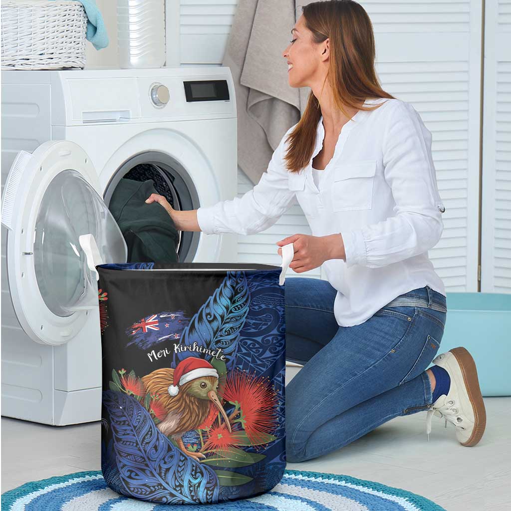 New Zealand Christmas Laundry Basket Santa Kiwi Bird With Pohutukawa Flowers - Polynesian Pride