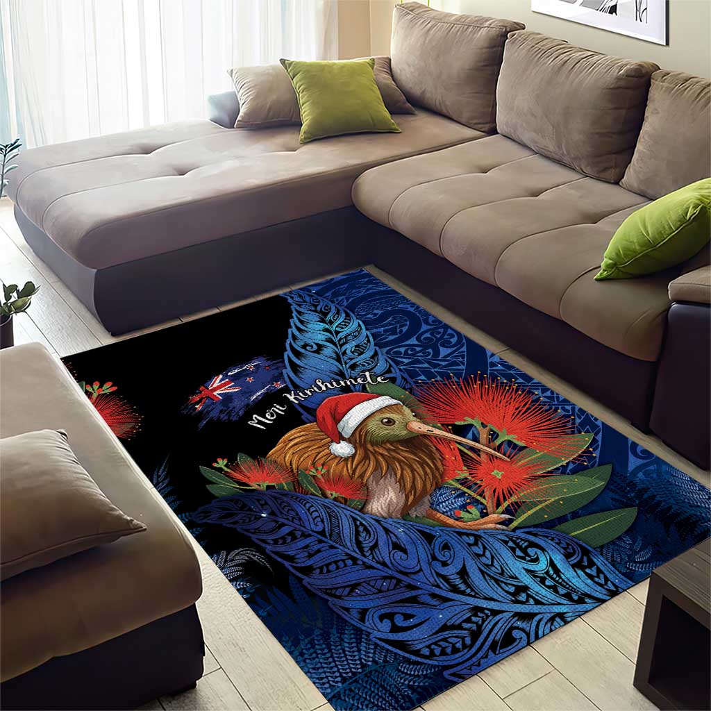 New Zealand Christmas Area Rug Santa Kiwi Bird With Pohutukawa Flowers - Polynesian Pride