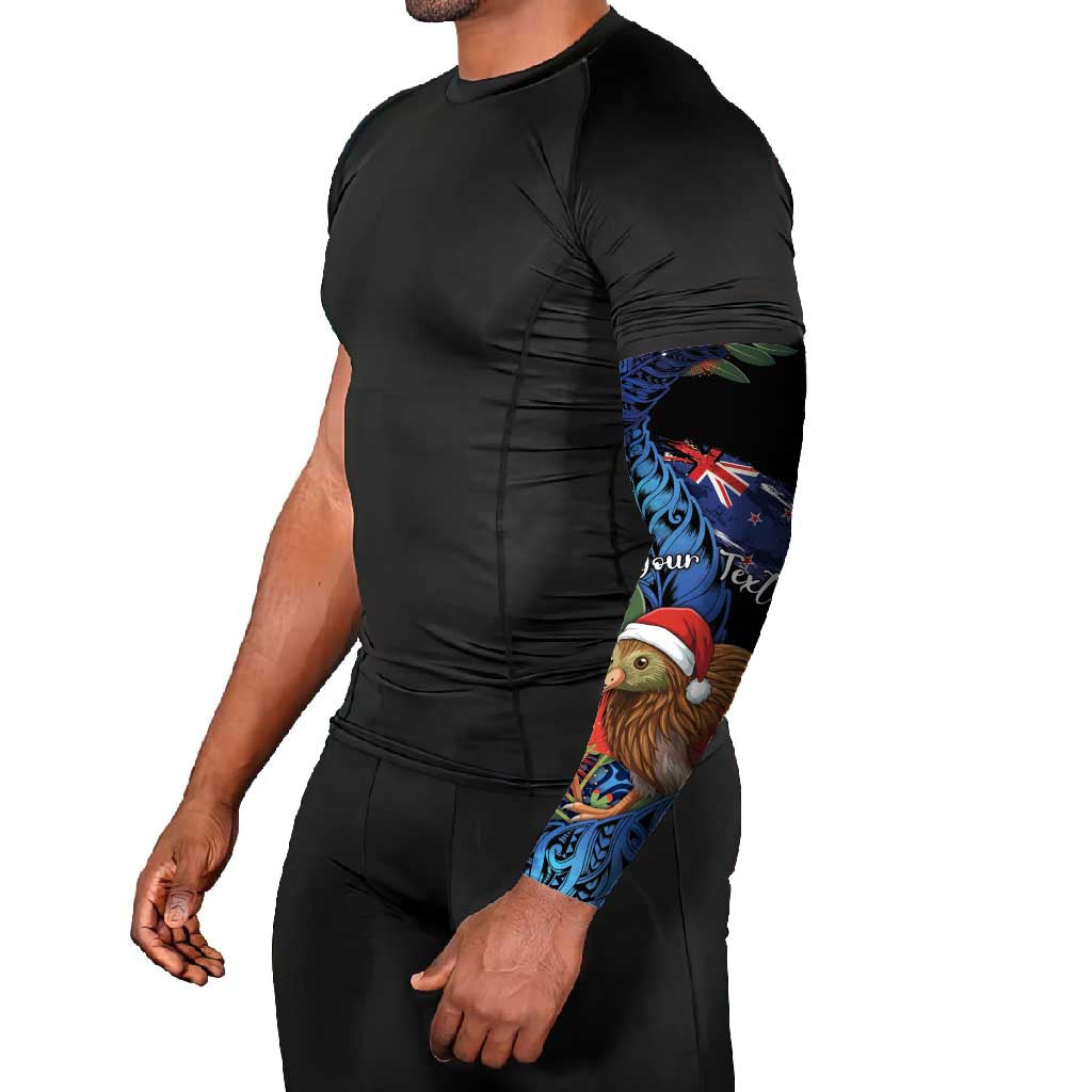 Personalised New Zealand Christmas Arm Sleeves Santa Kiwi Bird With Pohutukawa Flowers - Polynesian Pride