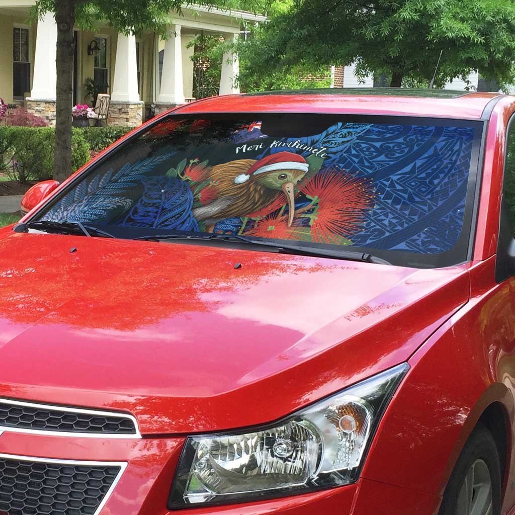 New Zealand Christmas Auto Sun Shade Santa Kiwi Bird With Pohutukawa Flowers - Polynesian Pride