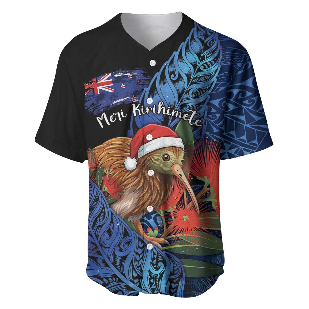 Personalised New Zealand Christmas Baseball Jersey Santa Kiwi Bird With Pohutukawa Flowers - Polynesian Pride
