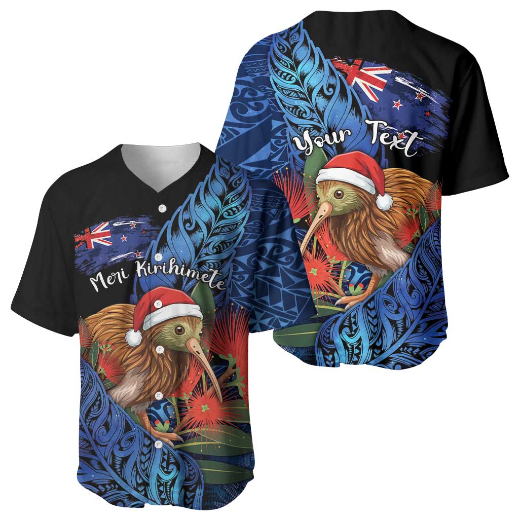 Personalised New Zealand Christmas Baseball Jersey Santa Kiwi Bird With Pohutukawa Flowers - Polynesian Pride