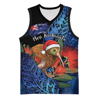 Personalised New Zealand Christmas Basketball Jersey Santa Kiwi Bird With Pohutukawa Flowers DT05 Unisex Navy - Polynesian Pride
