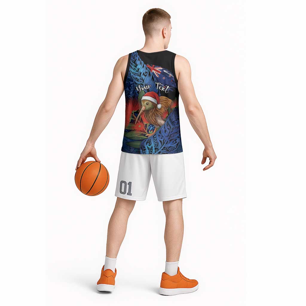Personalised New Zealand Christmas Basketball Jersey Santa Kiwi Bird With Pohutukawa Flowers DT05 - Polynesian Pride