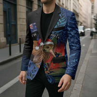 Personalised New Zealand Christmas Blazer Santa Kiwi Bird With Pohutukawa Flowers - Polynesian Pride