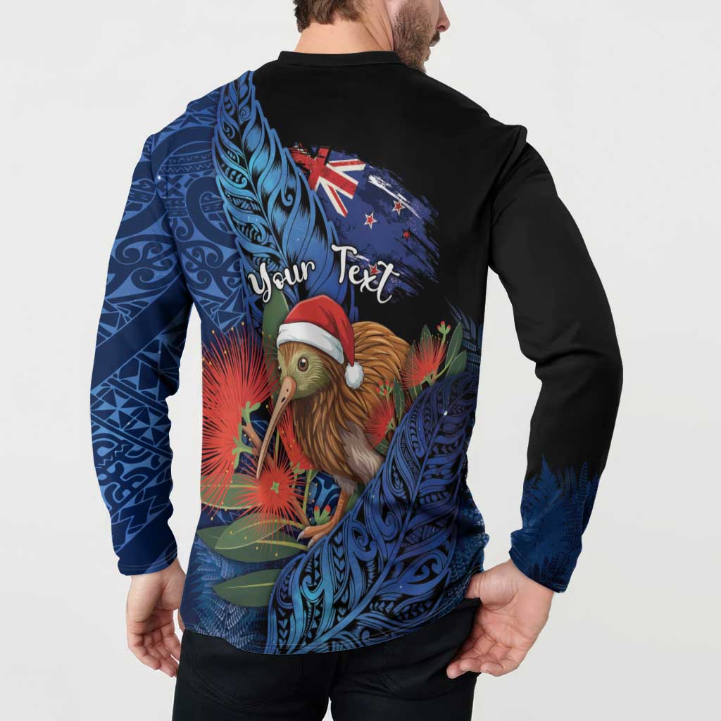 Personalised New Zealand Christmas Button Sweatshirt Santa Kiwi Bird With Pohutukawa Flowers - Polynesian Pride