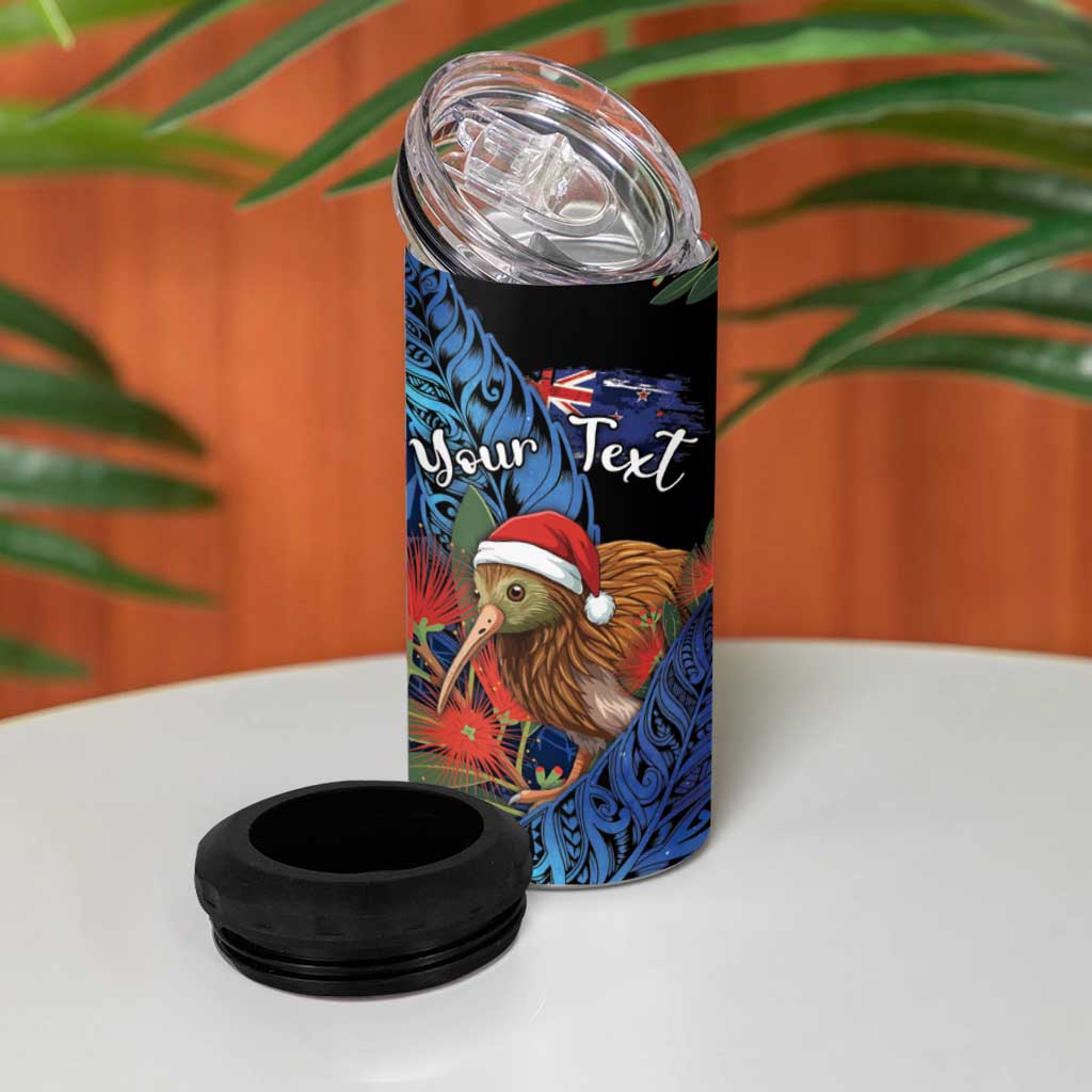 Personalised New Zealand Christmas 4 in 1 Can Cooler Tumbler Santa Kiwi Bird With Pohutukawa Flowers DT05 - Polynesian Pride