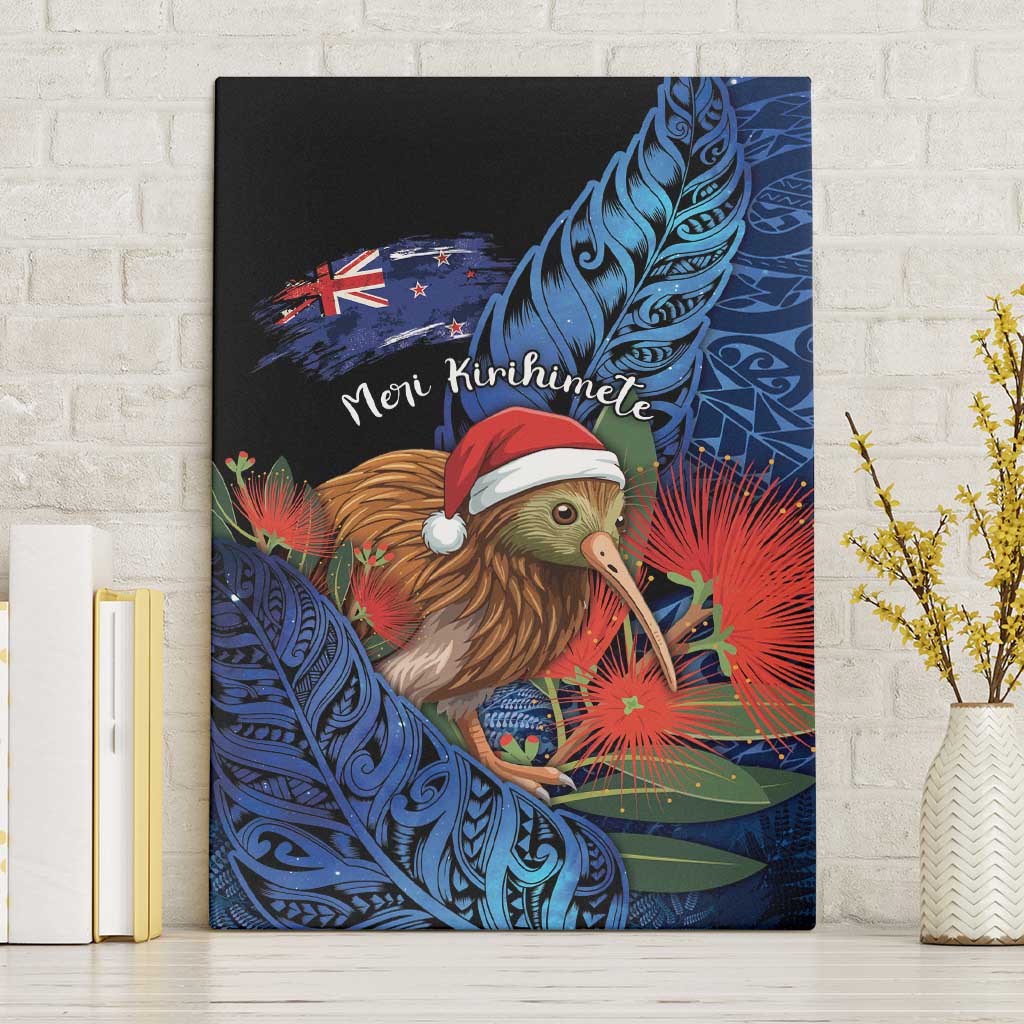 New Zealand Christmas Canvas Wall Art Santa Kiwi Bird With Pohutukawa Flowers DT05 Without Frame Navy - Polynesian Pride