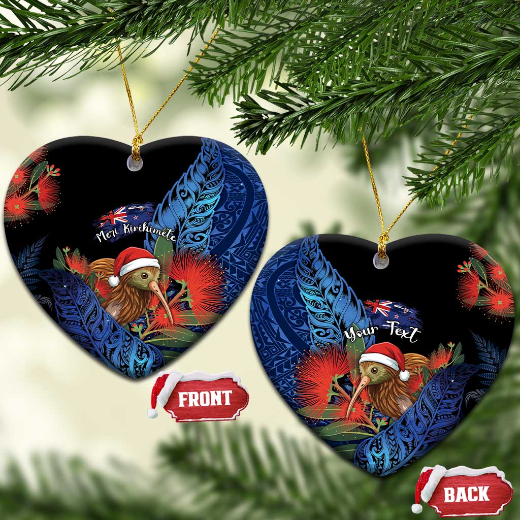 Personalised New Zealand Christmas Ceramic Ornament Santa Kiwi Bird With Pohutukawa Flowers - Polynesian Pride
