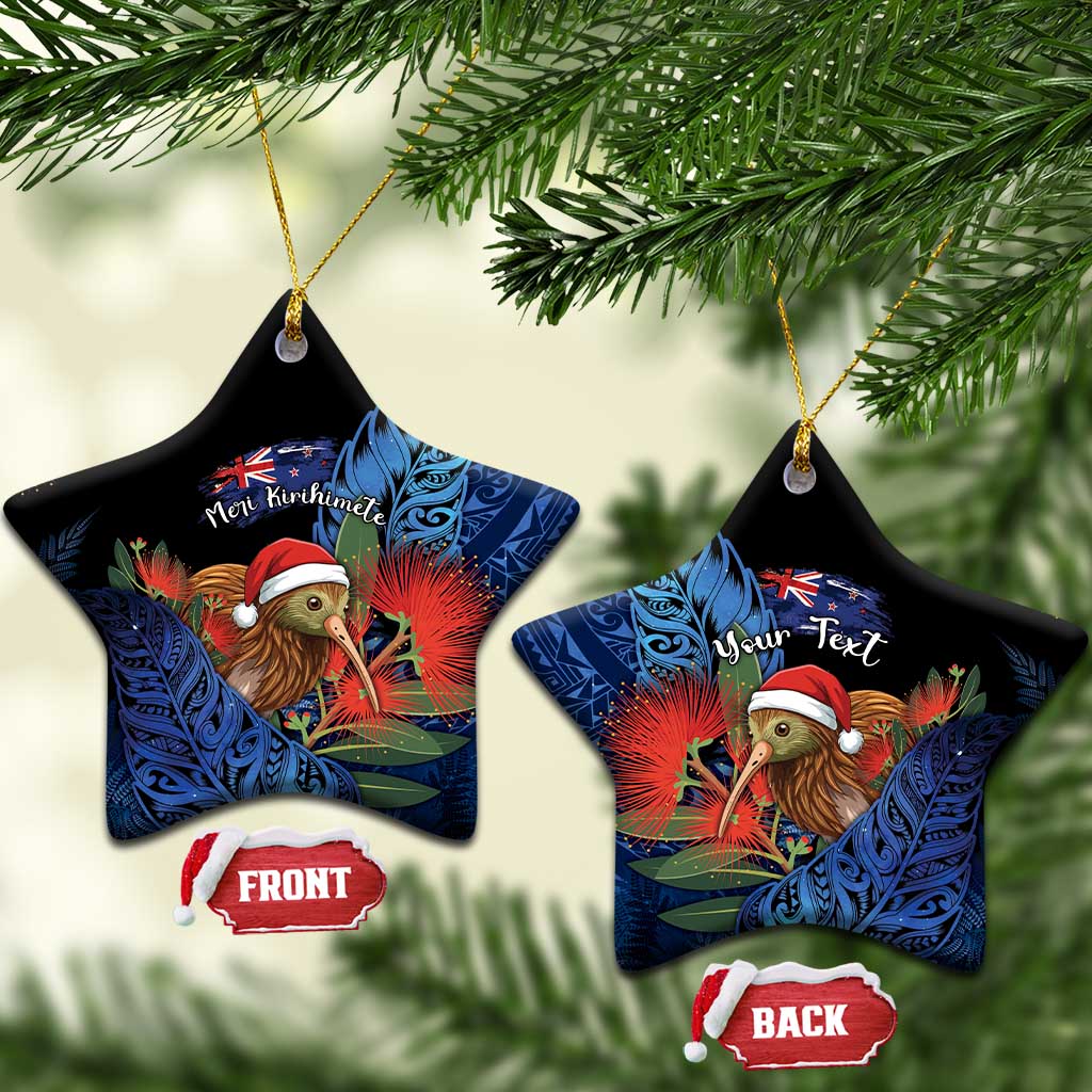Personalised New Zealand Christmas Ceramic Ornament Santa Kiwi Bird With Pohutukawa Flowers - Polynesian Pride