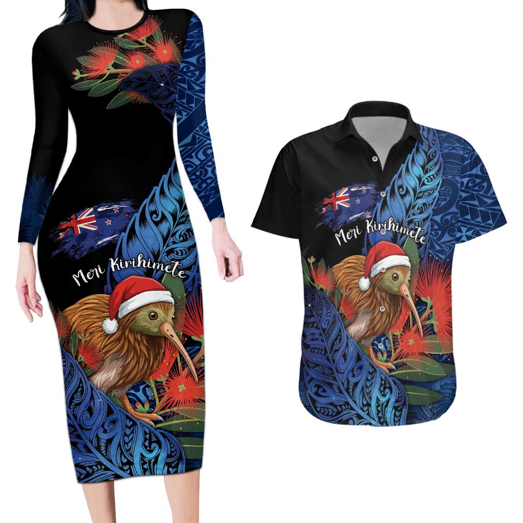 Personalised New Zealand Christmas Couples Matching Long Sleeve Bodycon Dress and Hawaiian Shirt Santa Kiwi Bird With Pohutukawa Flowers DT05 Navy - Polynesian Pride