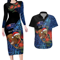 Personalised New Zealand Christmas Couples Matching Long Sleeve Bodycon Dress and Hawaiian Shirt Santa Kiwi Bird With Pohutukawa Flowers DT05 Navy - Polynesian Pride