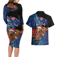 Personalised New Zealand Christmas Couples Matching Long Sleeve Bodycon Dress and Hawaiian Shirt Santa Kiwi Bird With Pohutukawa Flowers DT05 - Polynesian Pride