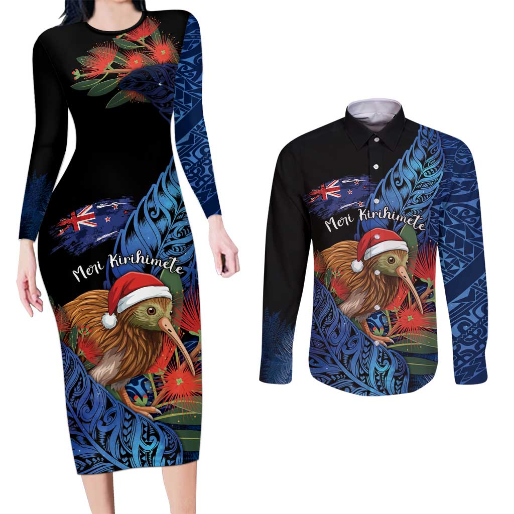 Personalised New Zealand Christmas Couples Matching Long Sleeve Bodycon Dress and Long Sleeve Button Shirt Santa Kiwi Bird With Pohutukawa Flowers DT05 Navy - Polynesian Pride