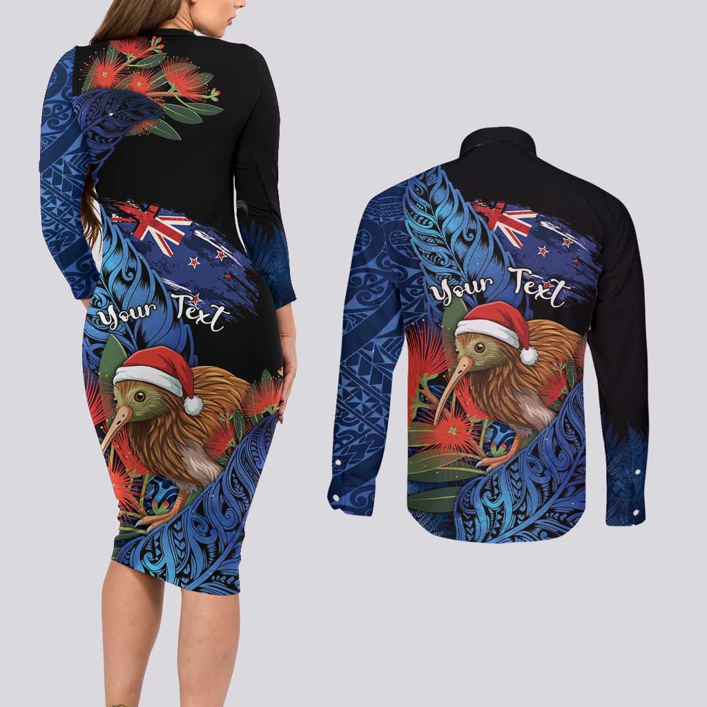 Personalised New Zealand Christmas Couples Matching Long Sleeve Bodycon Dress and Long Sleeve Button Shirt Santa Kiwi Bird With Pohutukawa Flowers DT05 - Polynesian Pride