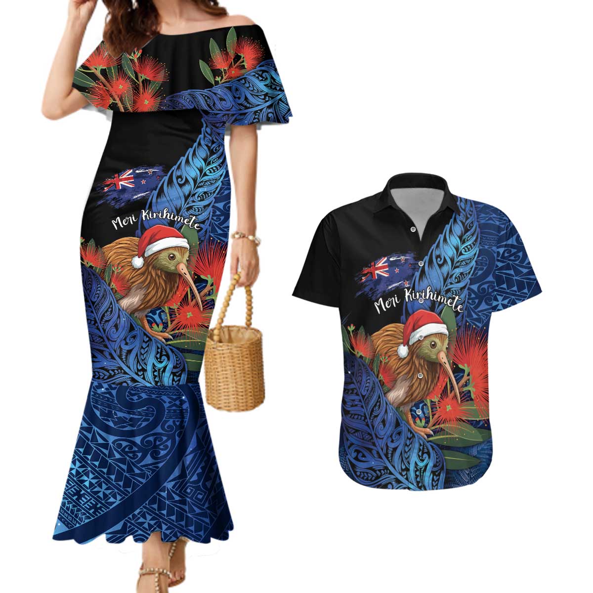 Personalised New Zealand Christmas Couples Matching Mermaid Dress and Hawaiian Shirt Santa Kiwi Bird With Pohutukawa Flowers DT05 Navy - Polynesian Pride