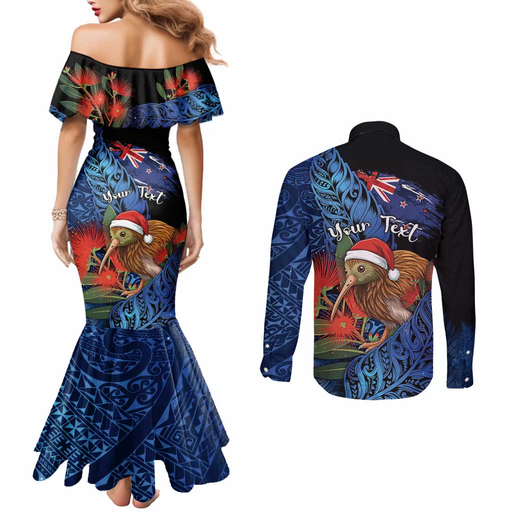 Personalised New Zealand Christmas Couples Matching Mermaid Dress and Long Sleeve Button Shirt Santa Kiwi Bird With Pohutukawa Flowers DT05 - Polynesian Pride