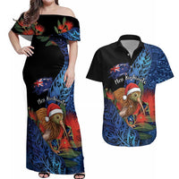 Personalised New Zealand Christmas Couples Matching Off Shoulder Maxi Dress and Hawaiian Shirt Santa Kiwi Bird With Pohutukawa Flowers DT05 Navy - Polynesian Pride