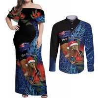 Personalised New Zealand Christmas Couples Matching Off Shoulder Maxi Dress and Long Sleeve Button Shirt Santa Kiwi Bird With Pohutukawa Flowers DT05 Navy - Polynesian Pride