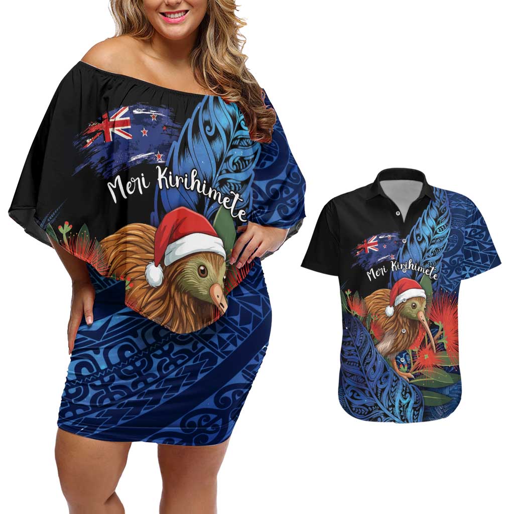 Personalised New Zealand Christmas Couples Matching Off Shoulder Short Dress and Hawaiian Shirt Santa Kiwi Bird With Pohutukawa Flowers DT05 Navy - Polynesian Pride