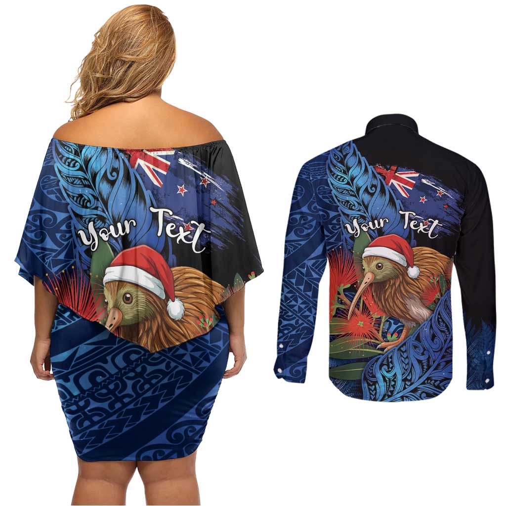 Personalised New Zealand Christmas Couples Matching Off Shoulder Short Dress and Long Sleeve Button Shirt Santa Kiwi Bird With Pohutukawa Flowers DT05 - Polynesian Pride