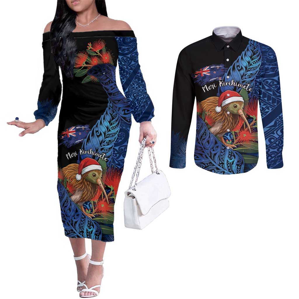 Personalised New Zealand Christmas Couples Matching Off The Shoulder Long Sleeve Dress and Long Sleeve Button Shirt Santa Kiwi Bird With Pohutukawa Flowers DT05 Navy - Polynesian Pride
