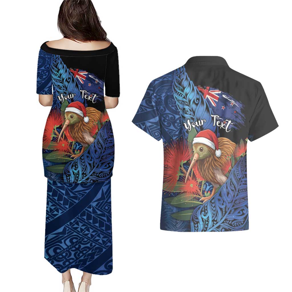 Personalised New Zealand Christmas Couples Matching Puletasi and Hawaiian Shirt Santa Kiwi Bird With Pohutukawa Flowers DT05 - Polynesian Pride