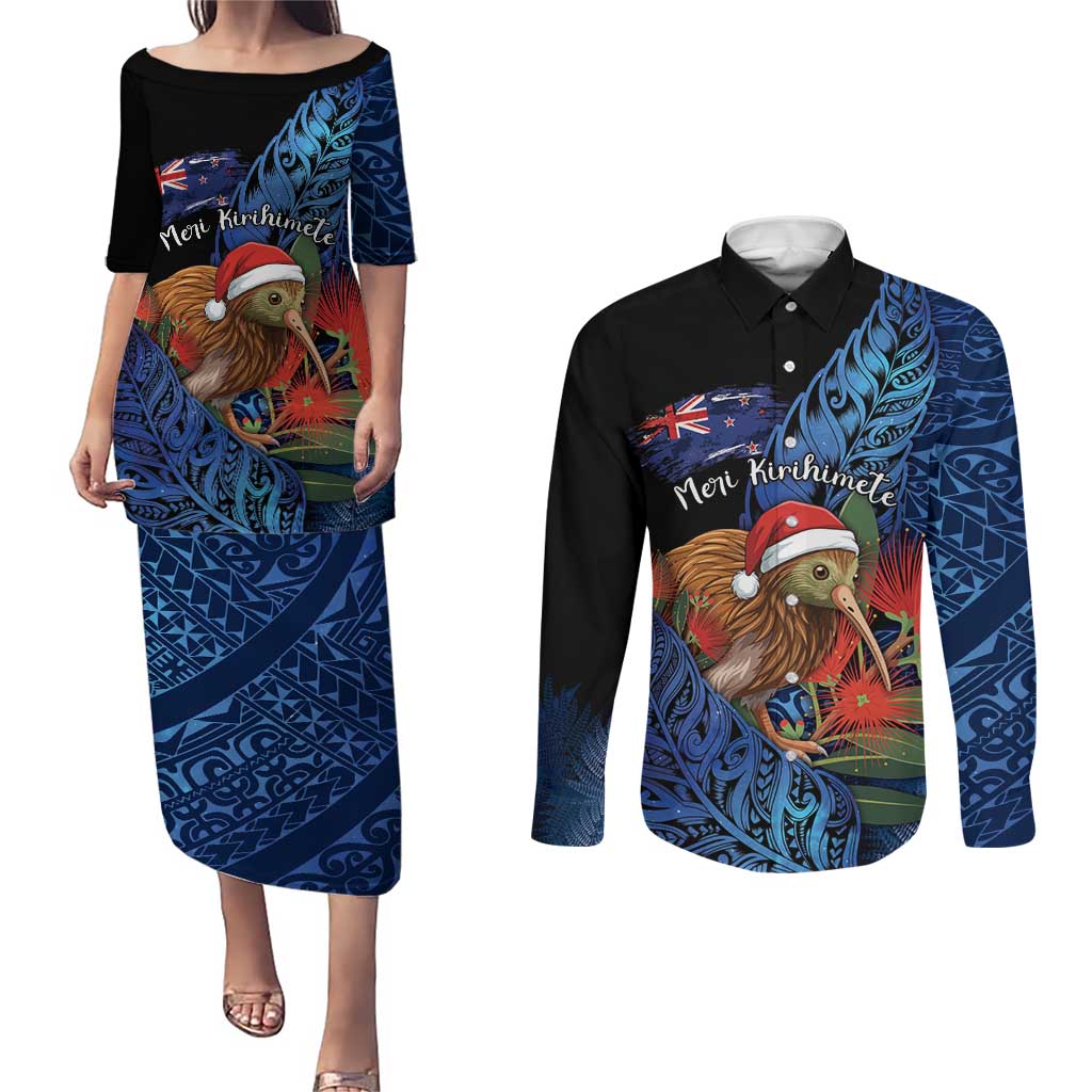 Personalised New Zealand Christmas Couples Matching Puletasi and Long Sleeve Button Shirt Santa Kiwi Bird With Pohutukawa Flowers DT05 Navy - Polynesian Pride
