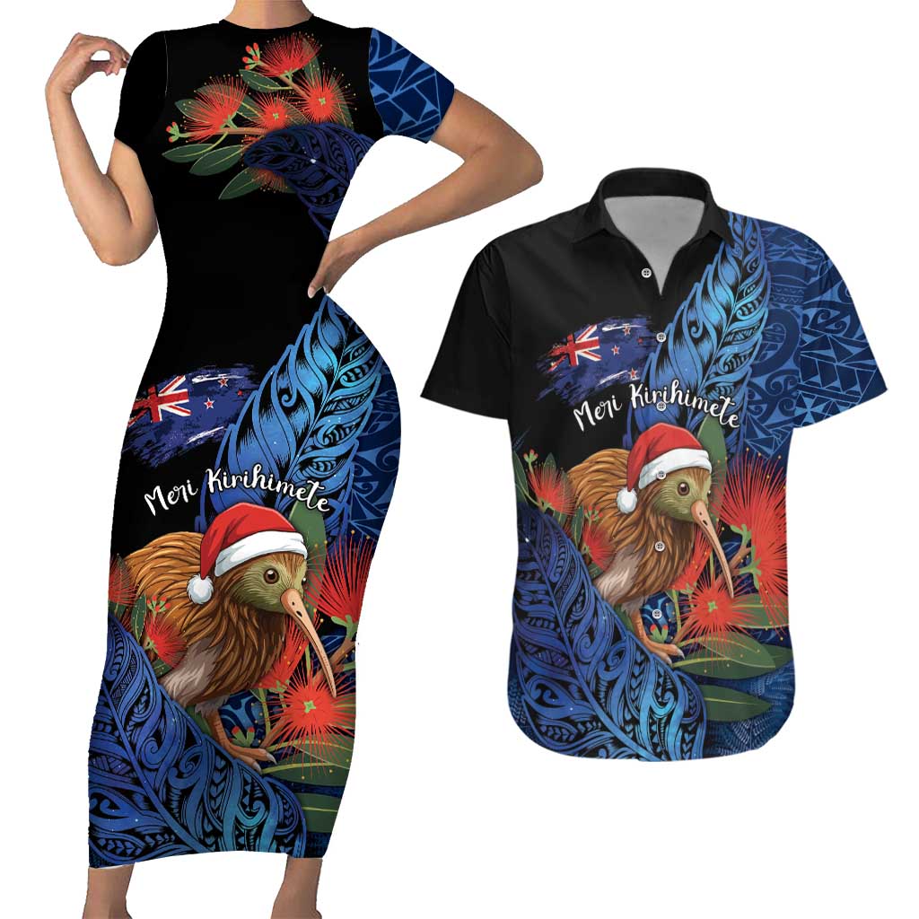 Personalised New Zealand Christmas Couples Matching Short Sleeve Bodycon Dress and Hawaiian Shirt Santa Kiwi Bird With Pohutukawa Flowers DT05 Navy - Polynesian Pride