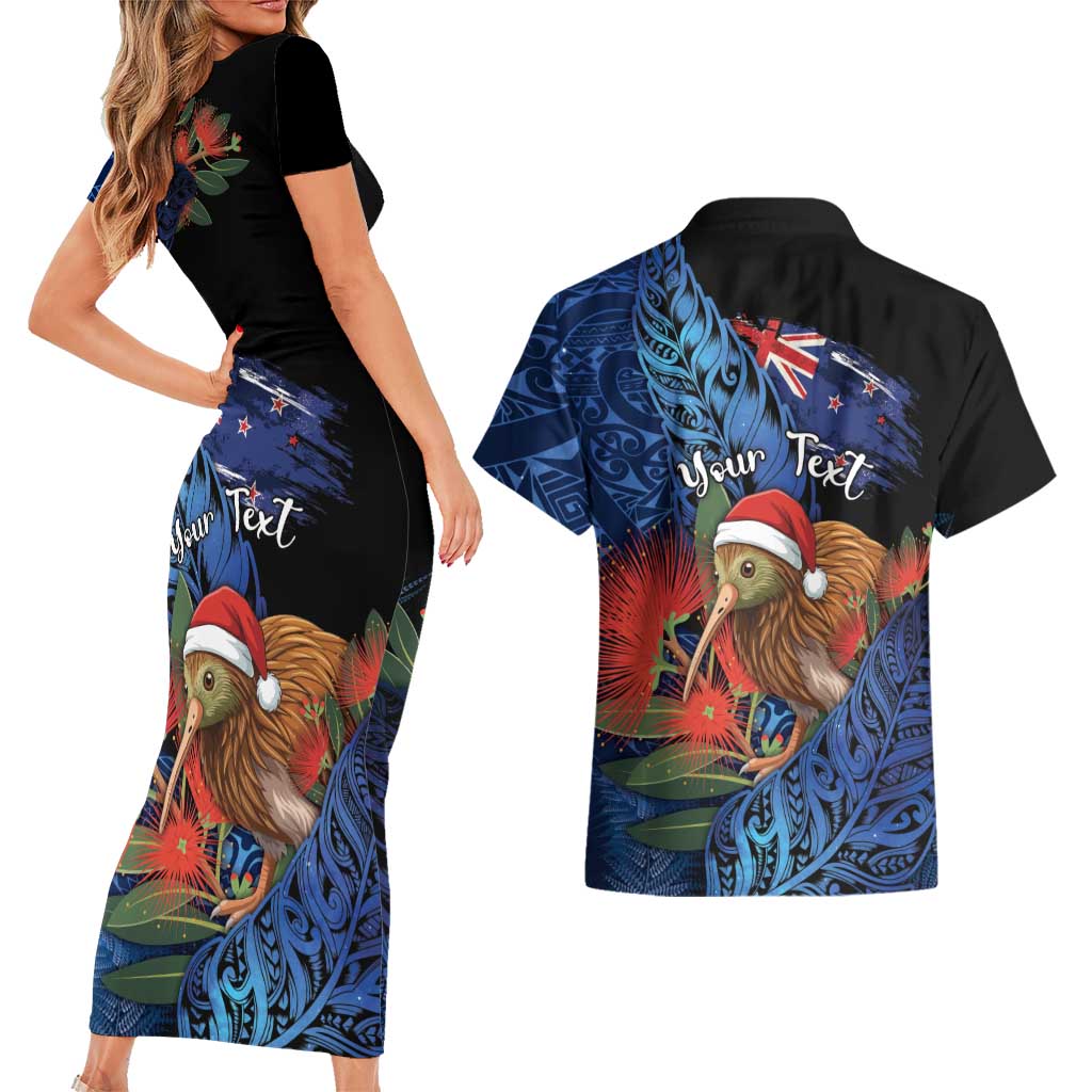 Personalised New Zealand Christmas Couples Matching Short Sleeve Bodycon Dress and Hawaiian Shirt Santa Kiwi Bird With Pohutukawa Flowers DT05 - Polynesian Pride