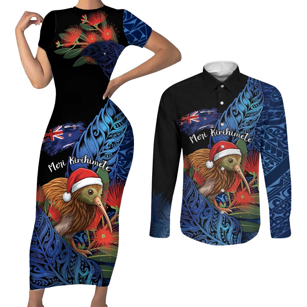 Personalised New Zealand Christmas Couples Matching Short Sleeve Bodycon Dress and Long Sleeve Button Shirt Santa Kiwi Bird With Pohutukawa Flowers - Polynesian Pride