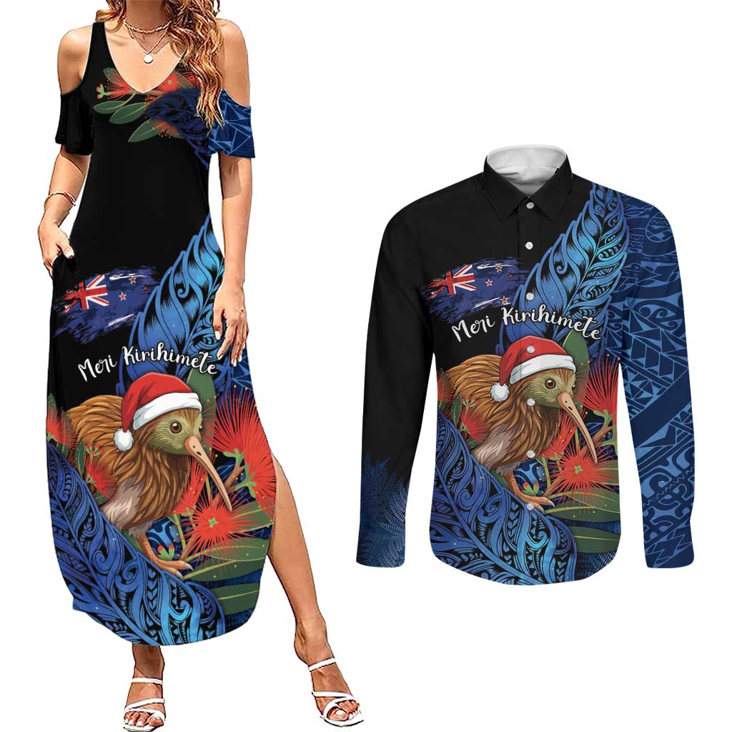 Personalised New Zealand Christmas Couples Matching Summer Maxi Dress and Long Sleeve Button Shirt Santa Kiwi Bird With Pohutukawa Flowers - Polynesian Pride