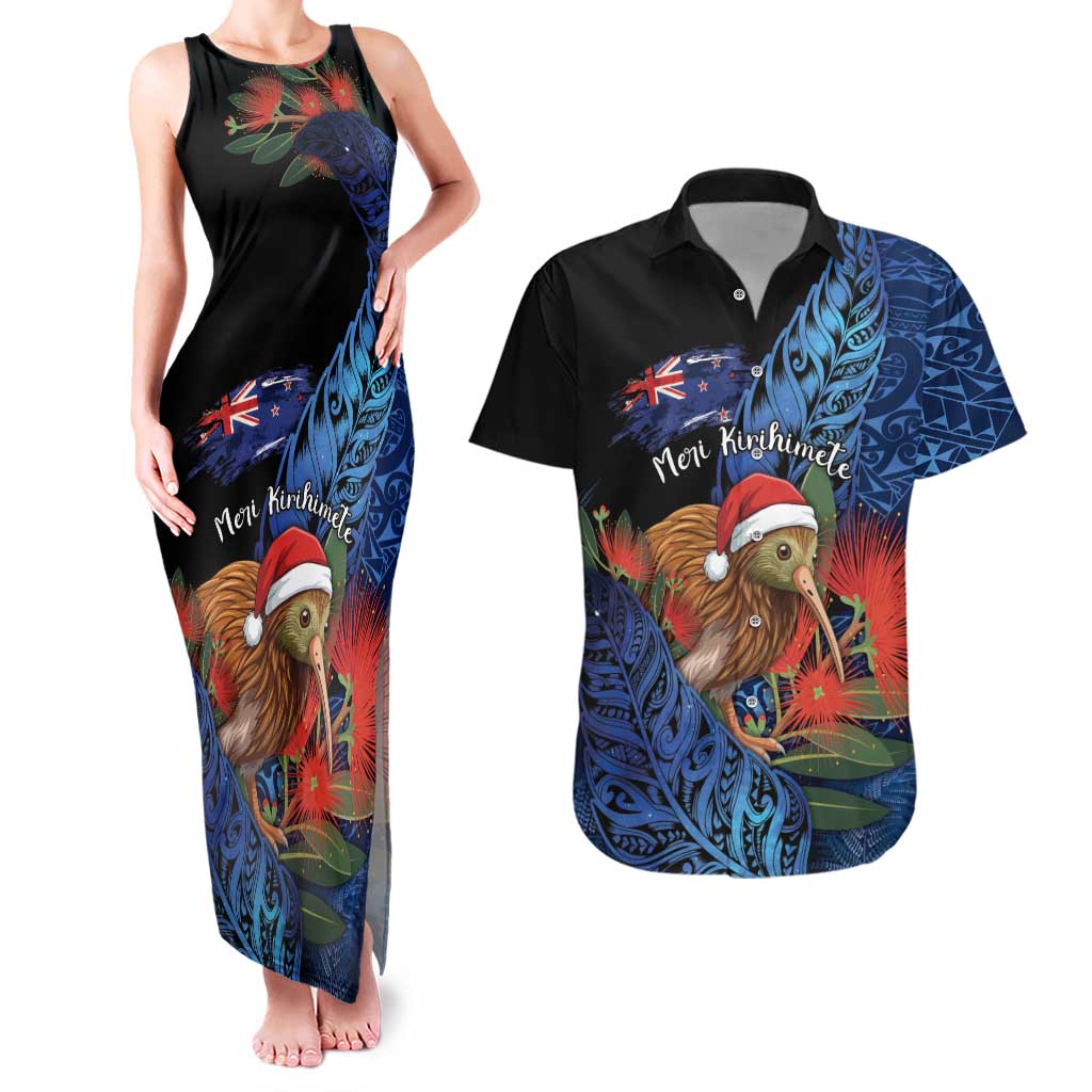 Personalised New Zealand Christmas Couples Matching Tank Maxi Dress and Hawaiian Shirt Santa Kiwi Bird With Pohutukawa Flowers - Polynesian Pride
