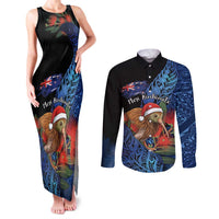 Personalised New Zealand Christmas Couples Matching Tank Maxi Dress and Long Sleeve Button Shirt Santa Kiwi Bird With Pohutukawa Flowers DT05 Navy - Polynesian Pride