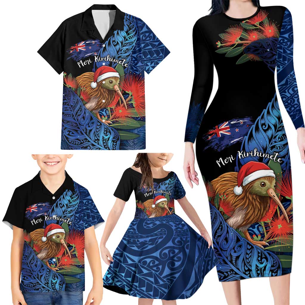 Personalised New Zealand Christmas Family Matching Long Sleeve Bodycon Dress and Hawaiian Shirt Santa Kiwi Bird With Pohutukawa Flowers - Polynesian Pride