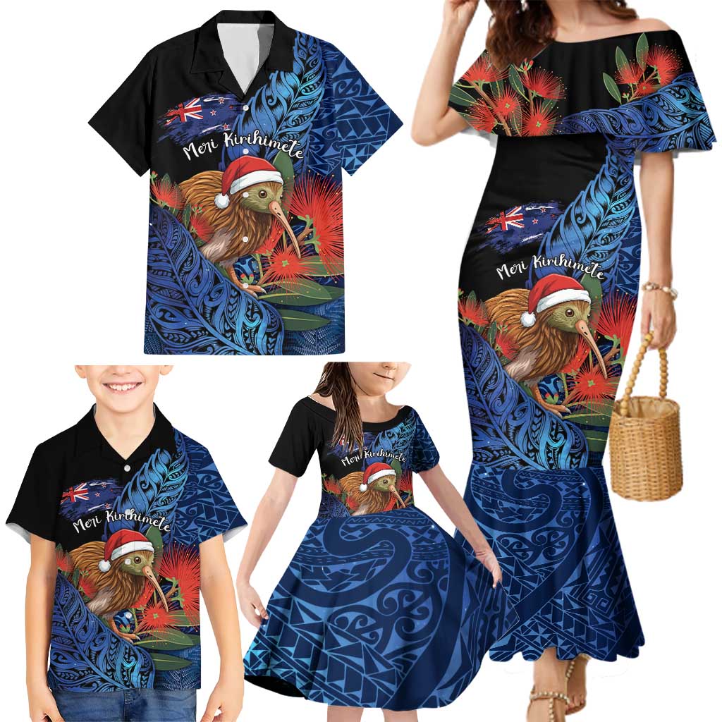 Personalised New Zealand Christmas Family Matching Mermaid Dress and Hawaiian Shirt Santa Kiwi Bird With Pohutukawa Flowers DT05 - Polynesian Pride