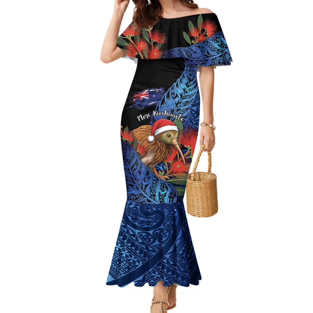 Personalised New Zealand Christmas Family Matching Mermaid Dress and Hawaiian Shirt Santa Kiwi Bird With Pohutukawa Flowers DT05 Mom's Dress Navy - Polynesian Pride