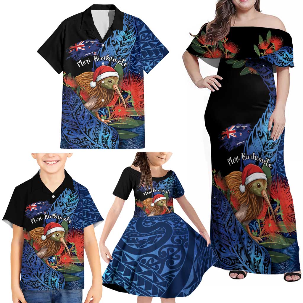 Personalised New Zealand Christmas Family Matching Off Shoulder Maxi Dress and Hawaiian Shirt Santa Kiwi Bird With Pohutukawa Flowers - Polynesian Pride