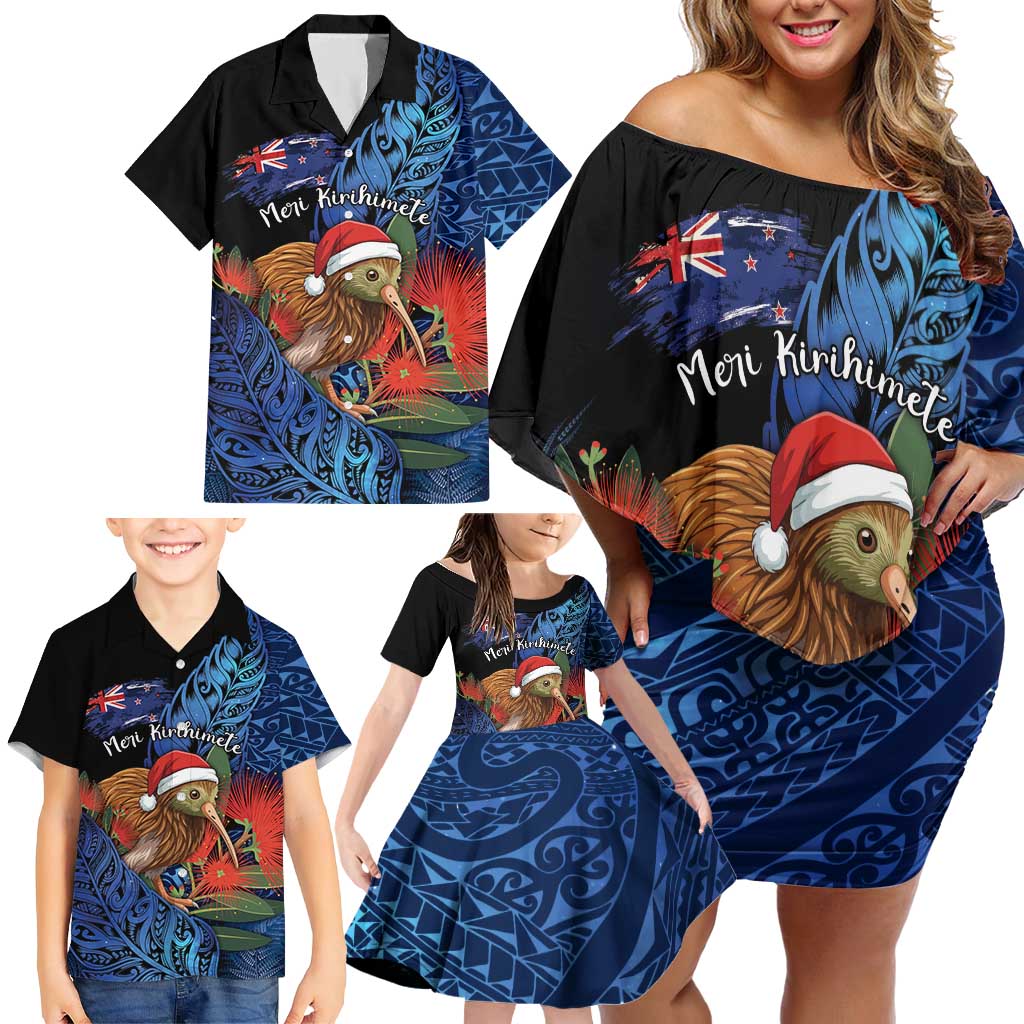 Personalised New Zealand Christmas Family Matching Off Shoulder Short Dress and Hawaiian Shirt Santa Kiwi Bird With Pohutukawa Flowers - Polynesian Pride