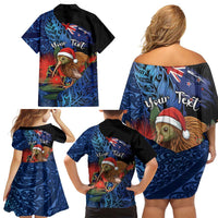Personalised New Zealand Christmas Family Matching Off Shoulder Short Dress and Hawaiian Shirt Santa Kiwi Bird With Pohutukawa Flowers DT05 - Polynesian Pride
