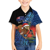 Personalised New Zealand Christmas Family Matching Off Shoulder Short Dress and Hawaiian Shirt Santa Kiwi Bird With Pohutukawa Flowers DT05 Son's Shirt Navy - Polynesian Pride