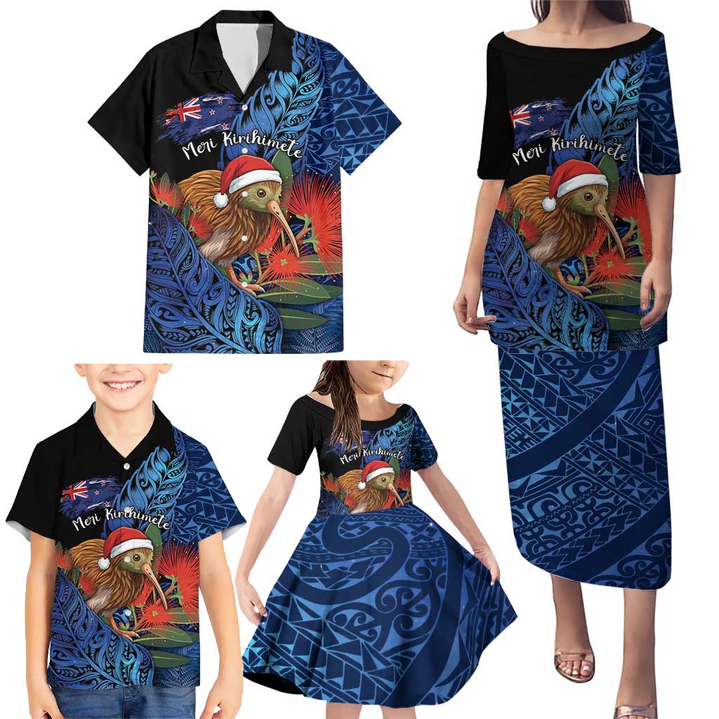 Personalised New Zealand Christmas Family Matching Puletasi and Hawaiian Shirt Santa Kiwi Bird With Pohutukawa Flowers - Polynesian Pride