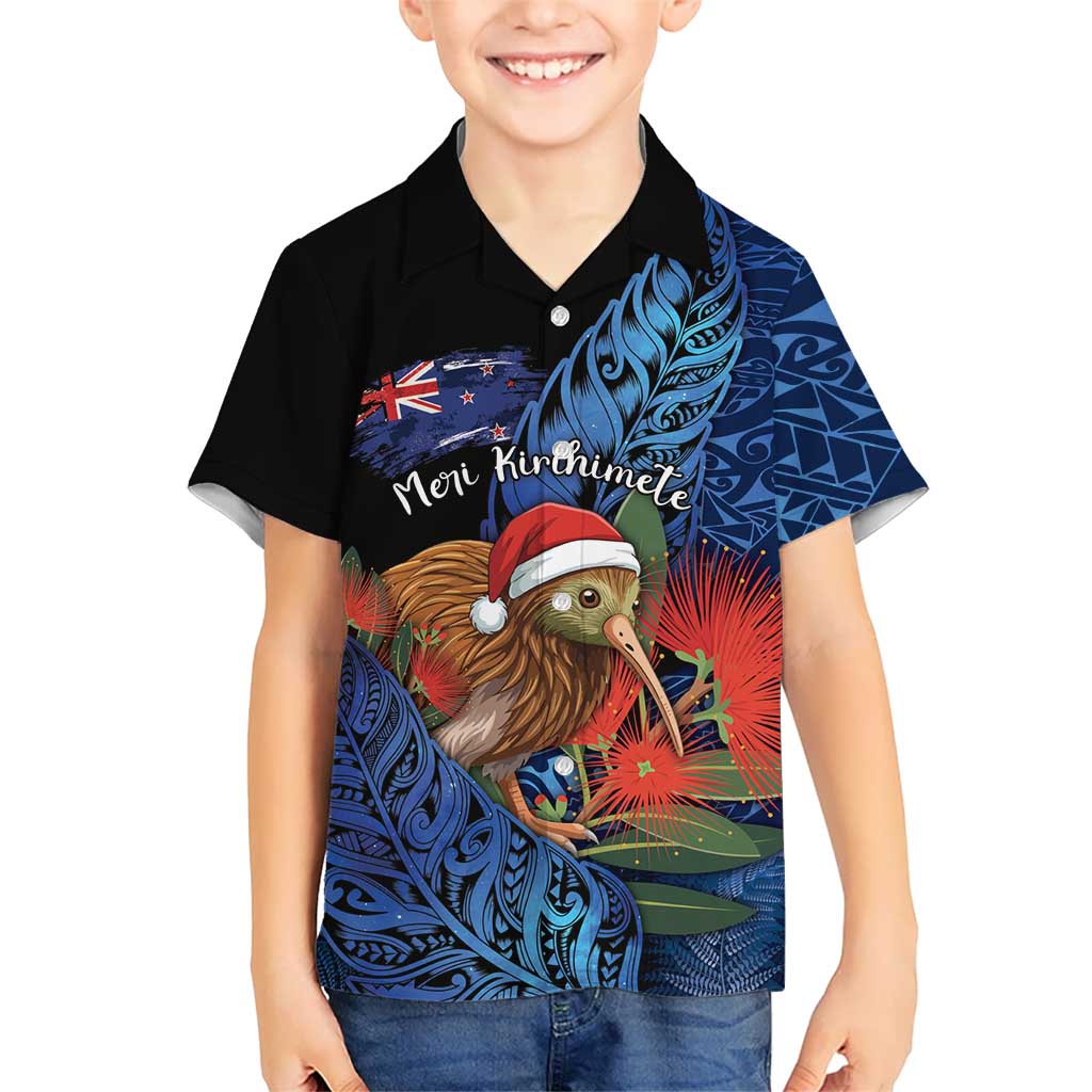 Personalised New Zealand Christmas Family Matching Puletasi and Hawaiian Shirt Santa Kiwi Bird With Pohutukawa Flowers DT05 Son's Shirt Navy - Polynesian Pride
